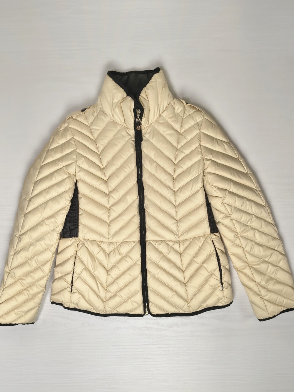 Cream Quilted Women's Down Jacket with Black Trim